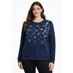 Farmers Market PL Embroidered Floral Navy Sweatshirt Long Sleeve Pullover Casual